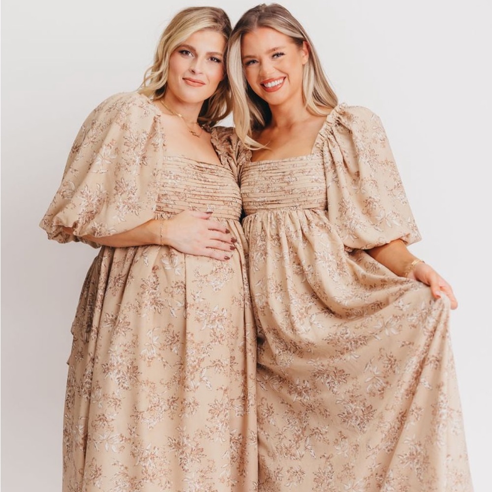 Worth Collective Melody Maxi Dress with Pleats and Bow Detail in Tan Floral